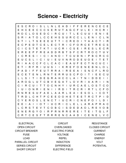 Science - Electricity Word Search Puzzle