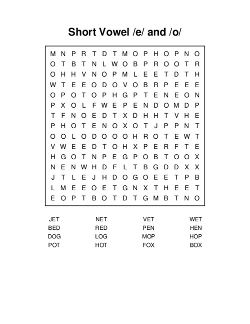 Short Vowel /e/ and /o/ Word Search Puzzle
