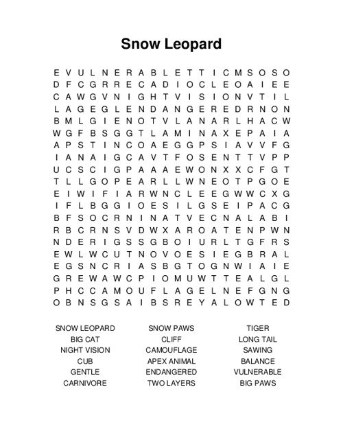 Snow Leopard Word Search Puzzle