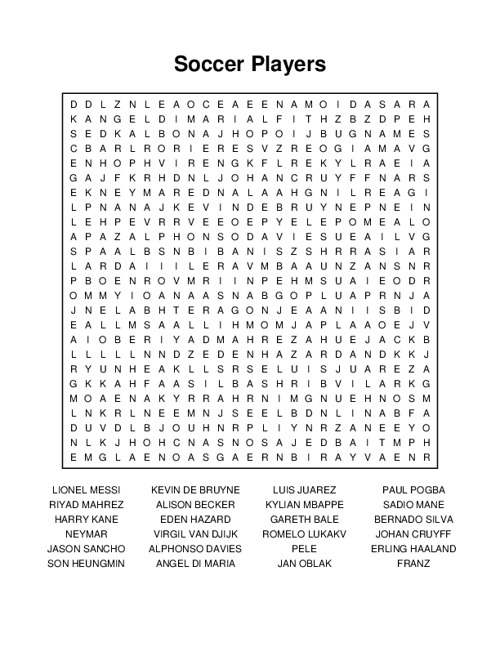 Soccer Players Word Search Puzzle