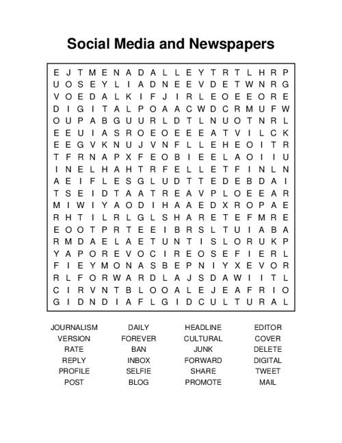 Social Media and Newspapers Word Search Puzzle