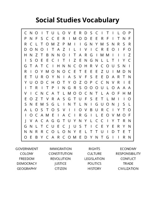 Social Studies Vocabulary Word Search Puzzle