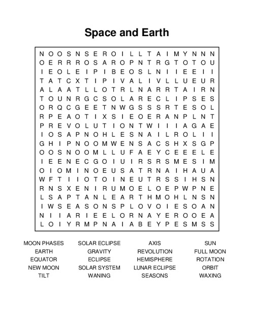 Space and Earth Word Search Puzzle