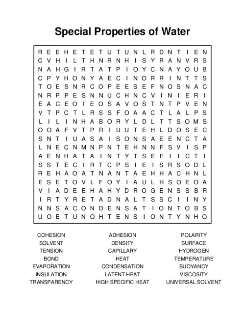 Special Properties of Water Word Search Puzzle