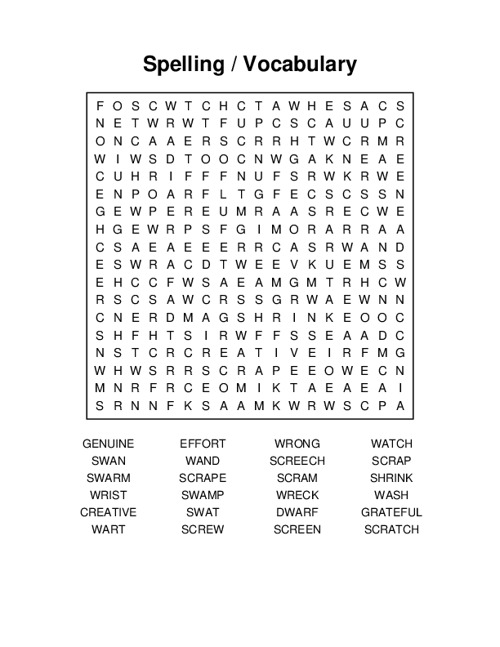 Spelling / Vocabulary Word Search Puzzle