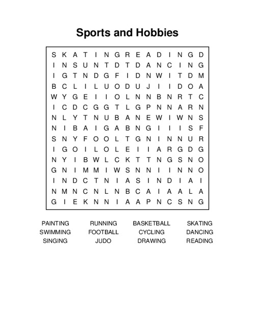 Sports and Hobbies Word Search Puzzle
