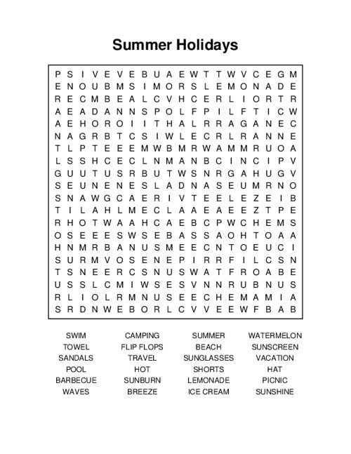 Summer Holidays Word Search Puzzle
