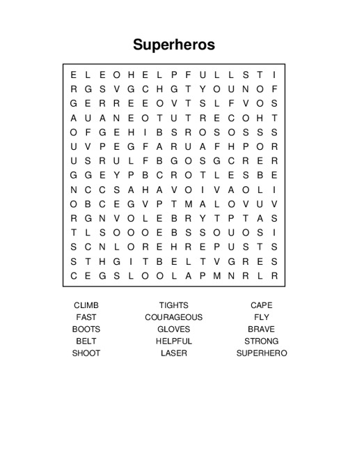 Superheros Word Search Puzzle