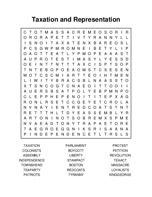 Taxation and Representation Word Search Puzzle