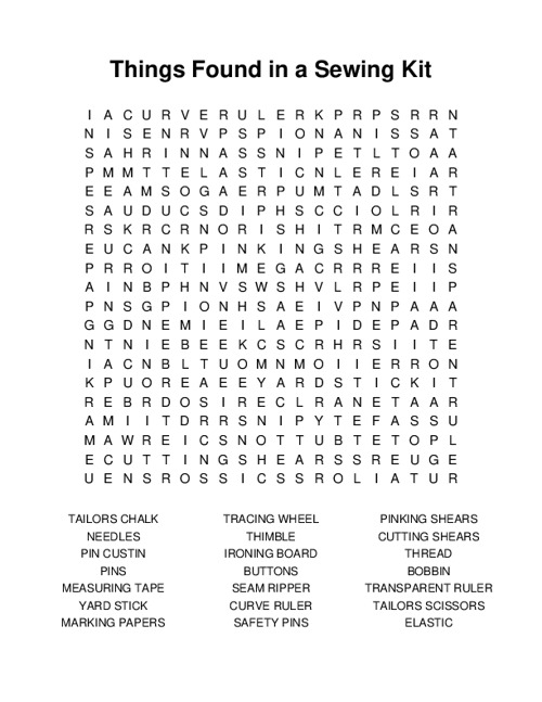 Things Found in a Sewing Kit Word Search Puzzle