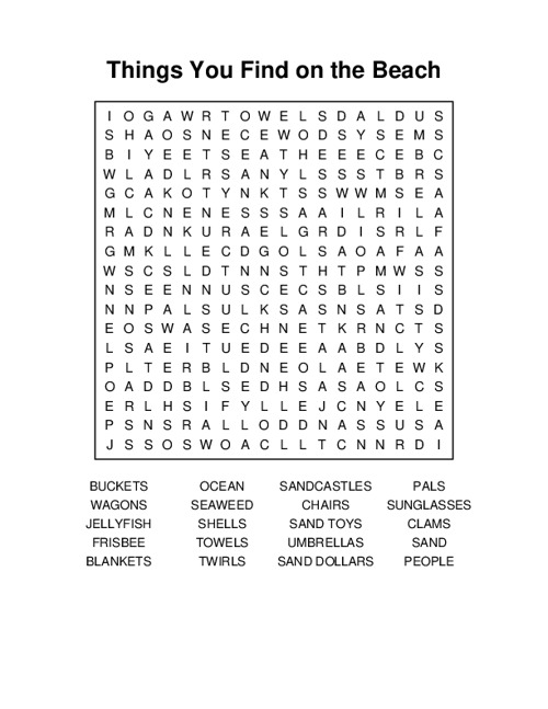 Things You Find on the Beach Word Search Puzzle
