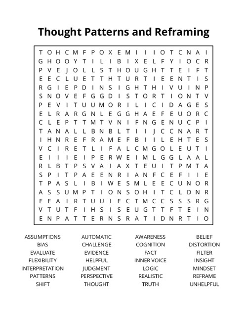 Thought Patterns and Reframing Word Search Puzzle