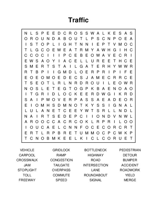 Traffic Word Search Puzzle