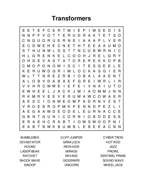 Transformers Word Search Puzzle