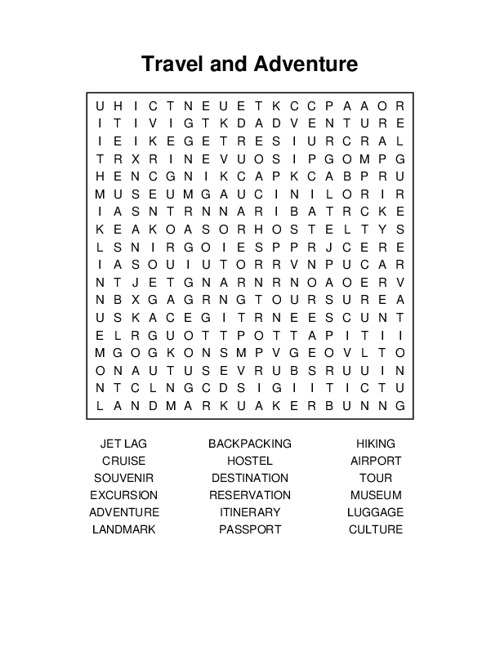 Travel and Adventure Word Search Puzzle
