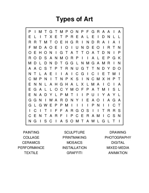 Types of Art Word Search Puzzle