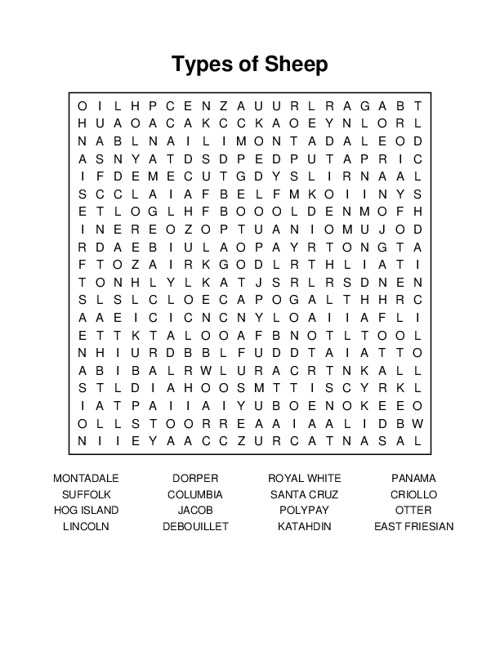 Types of Sheep Word Search Puzzle