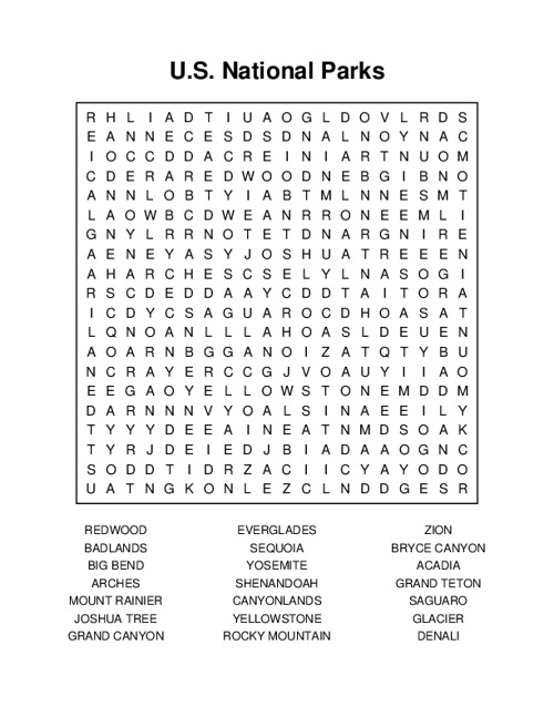 U.S. National Parks Word Search Puzzle