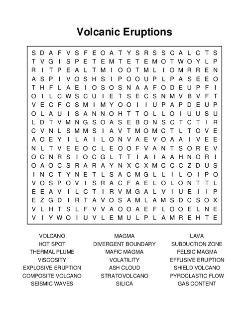 Volcanic Eruptions Word Search Puzzle