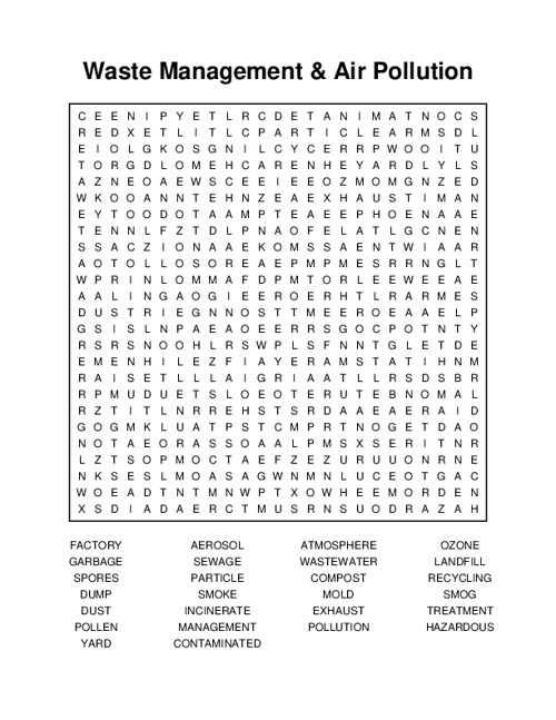 Waste Management & Air Pollution Word Search Puzzle