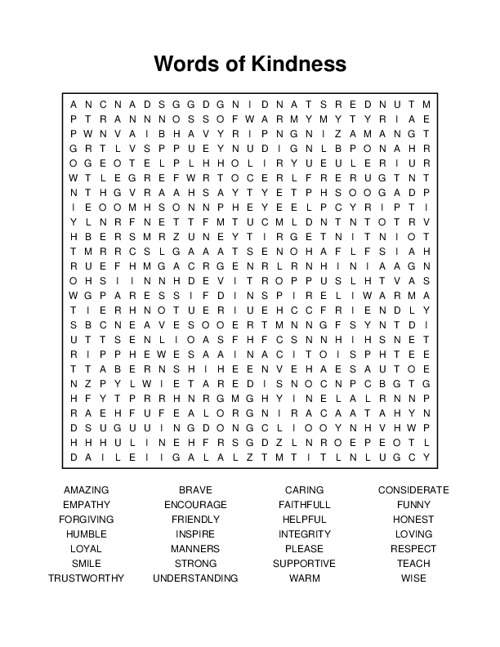 Words of Kindness Word Search Puzzle