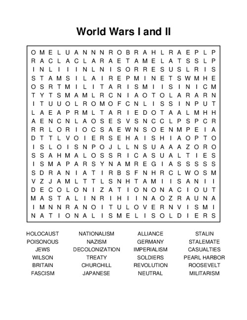World Wars I and II Word Search Puzzle