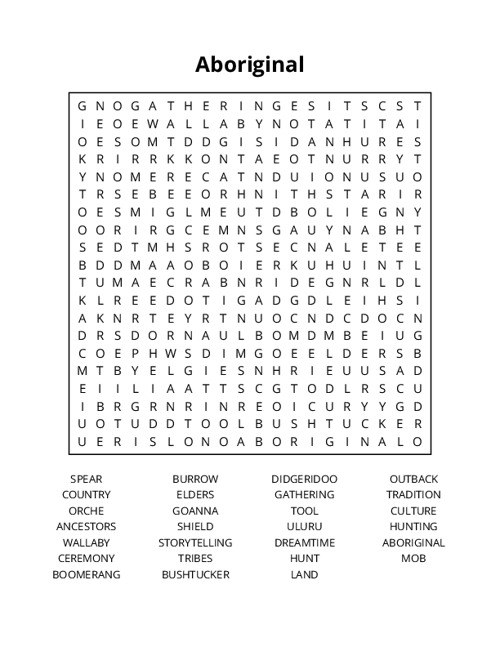 Aboriginal Word Search Puzzle