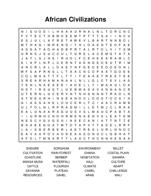 African Civilizations Word Search Puzzle