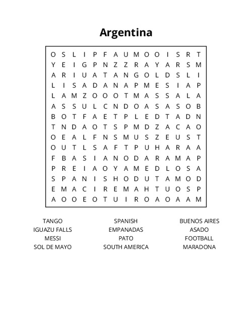 Argentina Word Search Puzzle