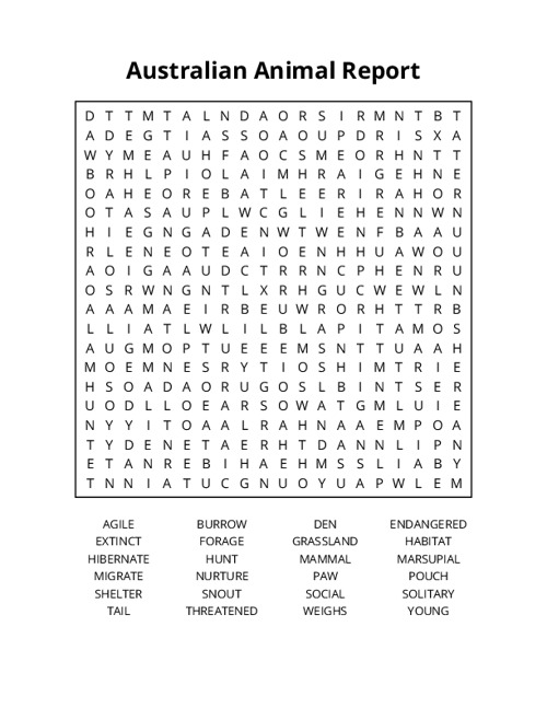 Australian Animal Report Word Search Puzzle