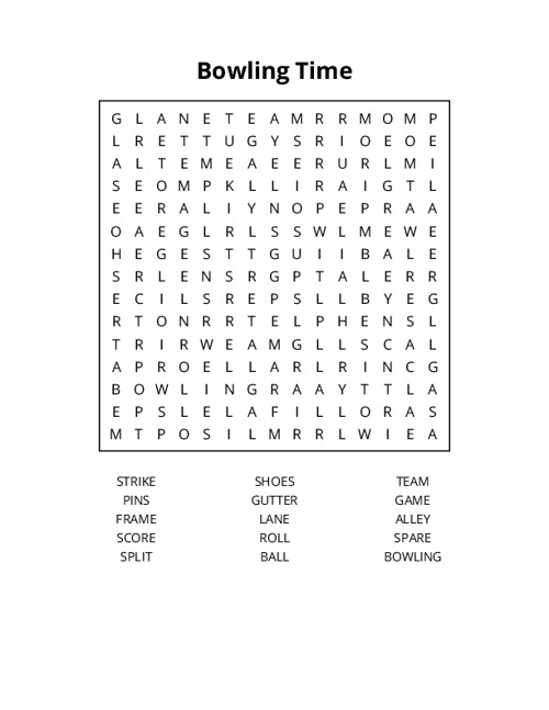 Bowling Time Word Search Puzzle
