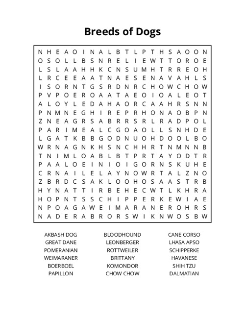 Breeds of Dogs Word Search Puzzle