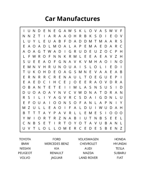 Car Manufactures Word Search Puzzle
