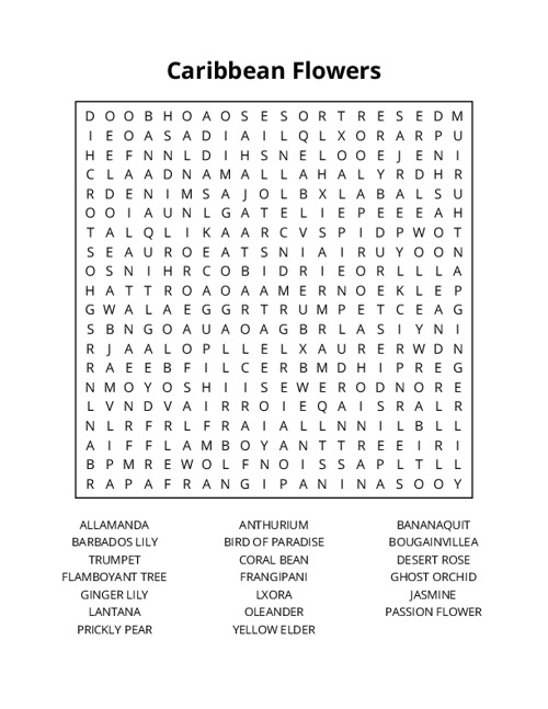Caribbean Flowers Word Search Puzzle