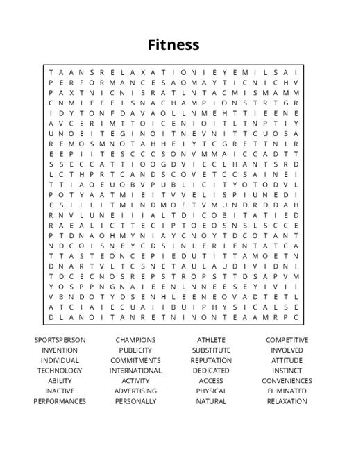 Fitness Word Search Puzzle