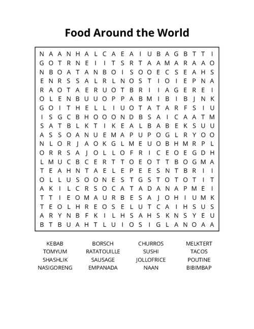 Food Around the World Word Search Puzzle