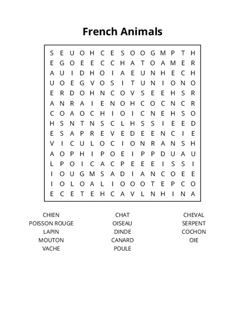 French Animals Crossword Puzzle