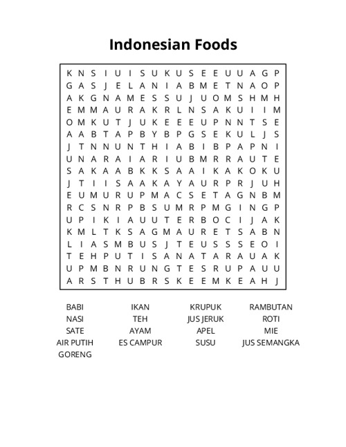 Indonesian Foods Word Search Puzzle
