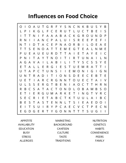 Influences on Food Choice Word Search Puzzle