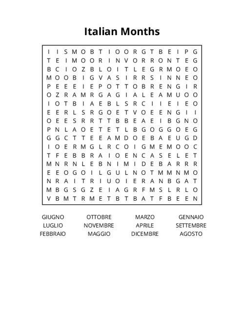 Italian Months Word Search Puzzle