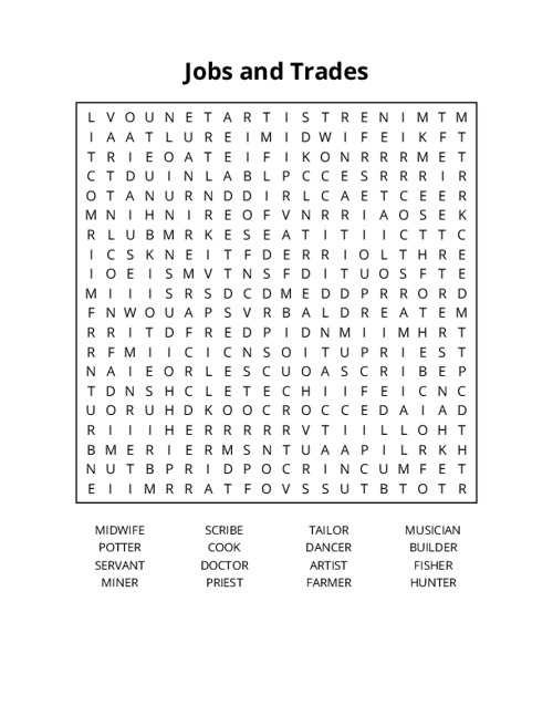 Jobs and Trades Word Search Puzzle