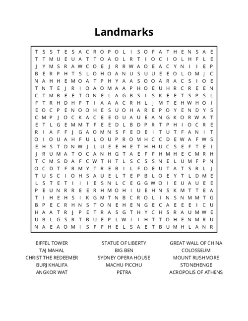 Landmarks Word Search Puzzle