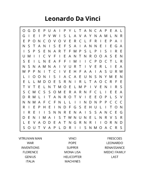 Leonardo Da Vinci Word Search Puzzle