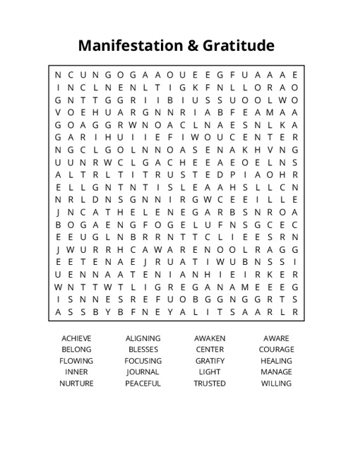 Manifestation & Gratitude Word Search Puzzle