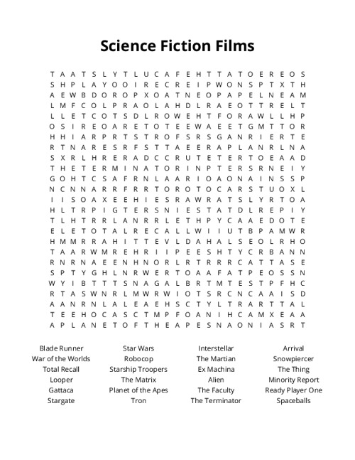 Science Fiction Films Word Search Puzzle