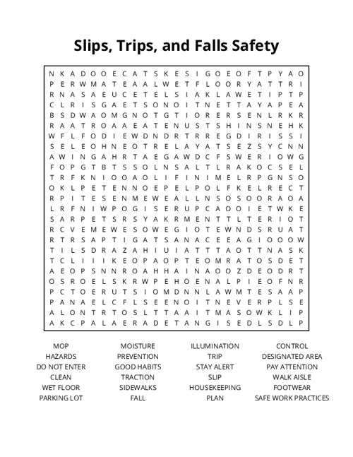 Slips, Trips, and Falls Safety Word Search Puzzle