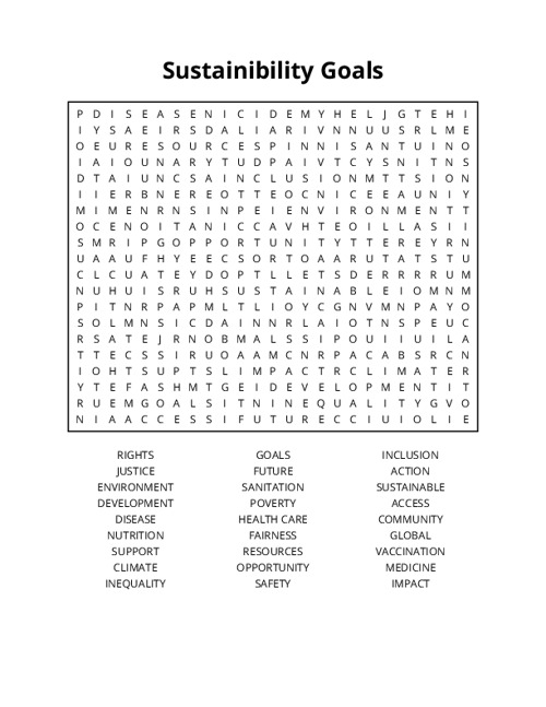 Sustainibility Goals Word Search Puzzle