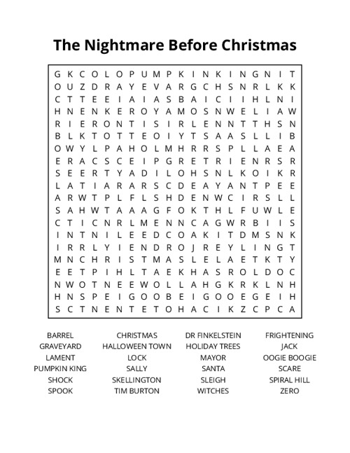 The Nightmare Before Christmas Word Search Puzzle
