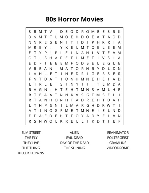 80s Horror Movies Word Search Puzzle