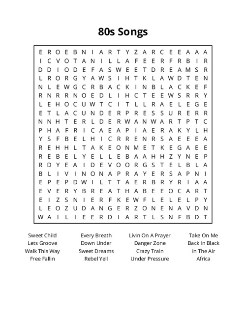 80s Songs Word Search Puzzle